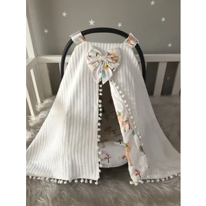 Jaju Baby Beyaz Örgü ve Ceylan Tasarım Ponponlu Puset Örtüsü ve Çarşafı