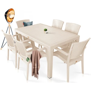 Rattan Masa Takımı 90 x 150 Camsız Masa 6 Kişilik Sandalye Seti Bahçe Balkon Teras Takımı Krem