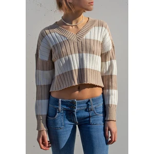 Bej V Yaka Çizgili Crop Kadın Kazak MG1441