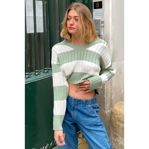 Yeşil V Yaka Çizgili Crop Kadın Kazak MG1441