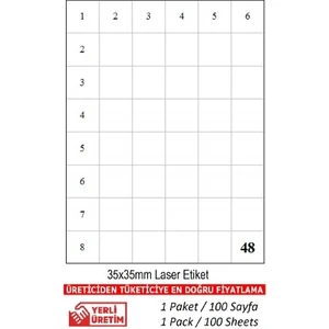 A1-2348 Ebat 35 x 35 mm Lazer Etiket  A4 Sayfada 48 Etiket