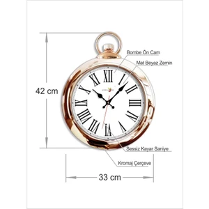 M3 Decorium Parlak Altın Nikelajlı Çerçeve Siyah Romen Rakkamlı Beyaz Zemin Bombe Cam Köstekli 42 cm Duvar Saati