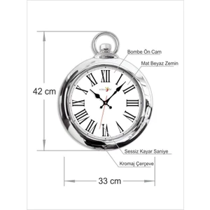 M3 Decorium Parlak Gümüş Nikelajlı Çerçeve Siyah Romen Rakkamlı Beyaz Zemin Bombe Cam Köstekli 42 cm Duvar Saati