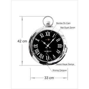 M3 Decorium Parlak Gümüş Kromajlı Çerçeve Beyaz Romen Rakkamlı Siyah Zemin Bombe Cam Köstekli 42 cm Duvar Saati