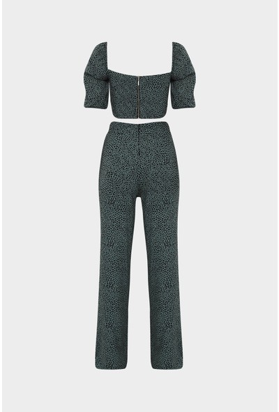 Açelya Okcu Bağlama Detaylı Desenli Bluz-Pantolon Takım