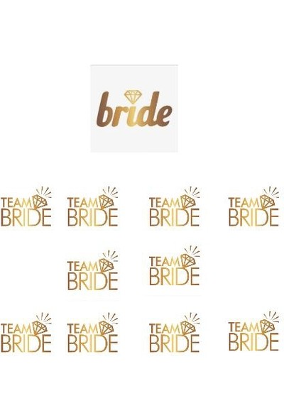 Happyland Tektaş Figürlü Bride Gelin Dövmesi ve Team Bride Tektaşlı Dövme Bride To Be Partisi Kutlama Dövmesi 10’lu Gelin Nedime Geçici Dövme Seti Gold