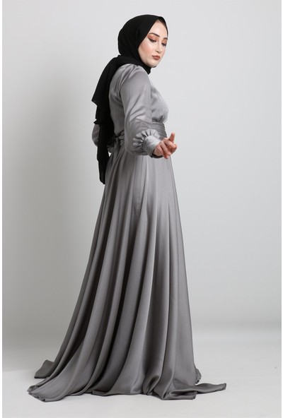 Stilife Modamia 20Y-4340 Beli Kuşak Detaylı Saten Elbise - Gri