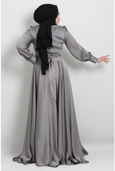 Stilife Modamia 20Y-4340 Beli Kuşak Detaylı Saten Elbise - Gri