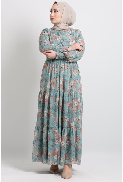 Stilife Modamia 22Y-4646 Yaka Kol ve Büzgülü Çiçekli Şifon Elbise - Mint Yeşili