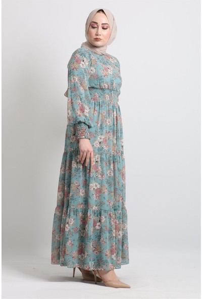 Stilife Modamia 22Y-4646 Yaka Kol ve Büzgülü Çiçekli Şifon Elbise - Mint Yeşili