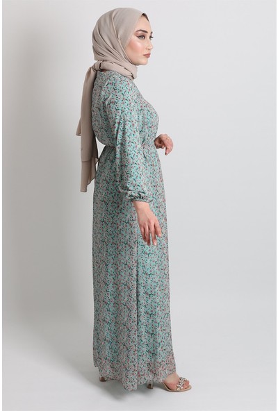 Stilife Modamia 21Y-4571 Robadan Kolu Lastikli Çiiçekli Şifon Elbise - Mint Yeşili