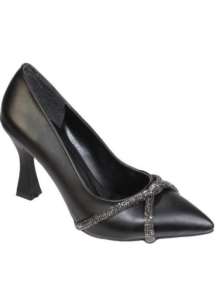 Yazkış Kadın Siyah Cilt 10CM Kadeh Topuk Üzeri Taşlı Stelletto Düğün Nişan Mezuniyet Topuklu Ayakkab