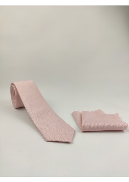 1. Kalite Özel Desenli Kravat Mendil Seti Açık Pembe