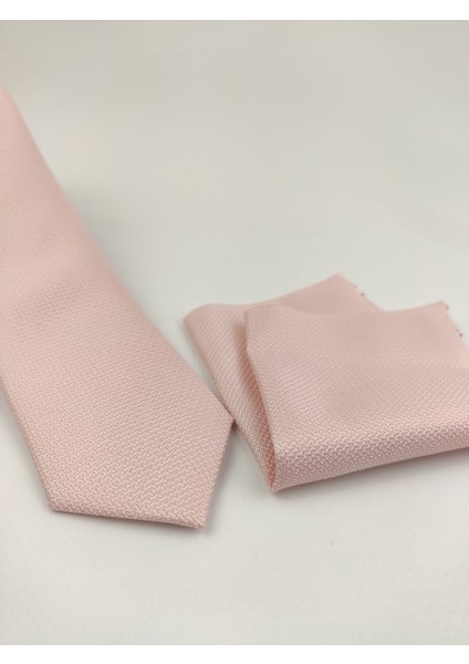1. Kalite Özel Desenli Kravat Mendil Seti Açık Pembe