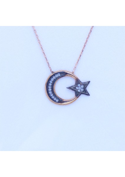 Gold Taşlı Ay Yıldız Tasarımlı Gümüş Kolye