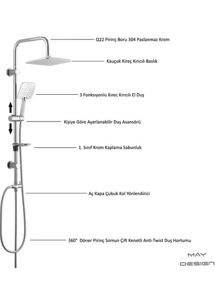 Eca Tiera Banyo Bataryası+T-May Banyo Çamlıca Kare Tepe Duş Takımı Seti Paslanmaz Krom fırsatları