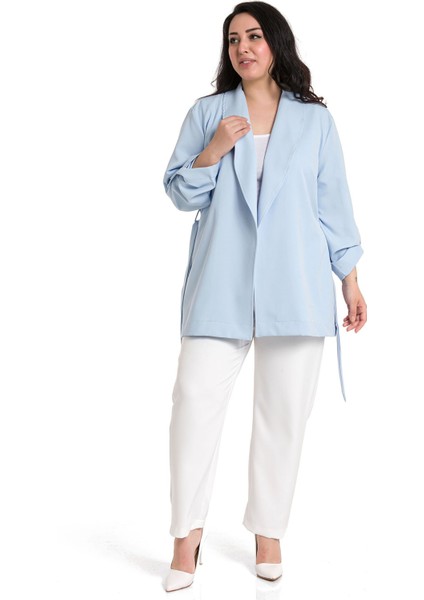 Büyük Beden Şal Yaka Kendinden Kuşaklı Katlamalı Kollu Bebe Mavi Ceket