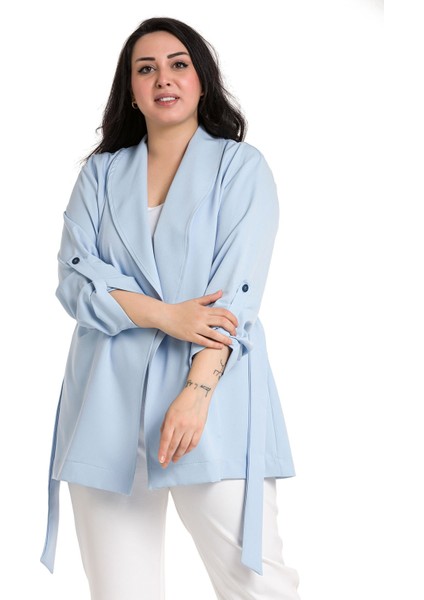 Büyük Beden Şal Yaka Kendinden Kuşaklı Katlamalı Kollu Bebe Mavi Ceket fiyatları