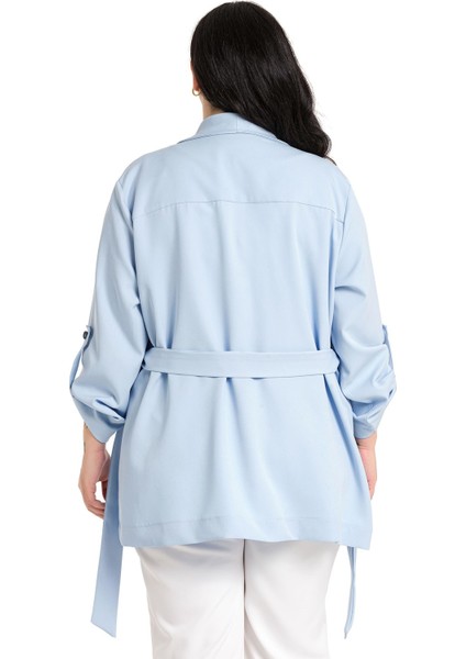 Büyük Beden Şal Yaka Kendinden Kuşaklı Katlamalı Kollu Bebe Mavi Ceket modelleri