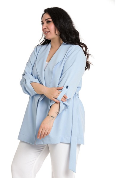 Büyük Beden Şal Yaka Kendinden Kuşaklı Katlamalı Kollu Bebe Mavi Ceket fırsatları
