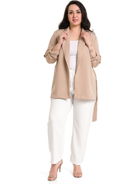 Büyük Beden Şal Yaka Kendinden Kuşaklı Katlamalı Kollu Vizon Ceket