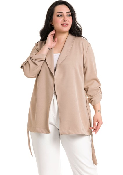 Büyük Beden Şal Yaka Kendinden Kuşaklı Katlamalı Kollu Vizon Ceket fiyatları