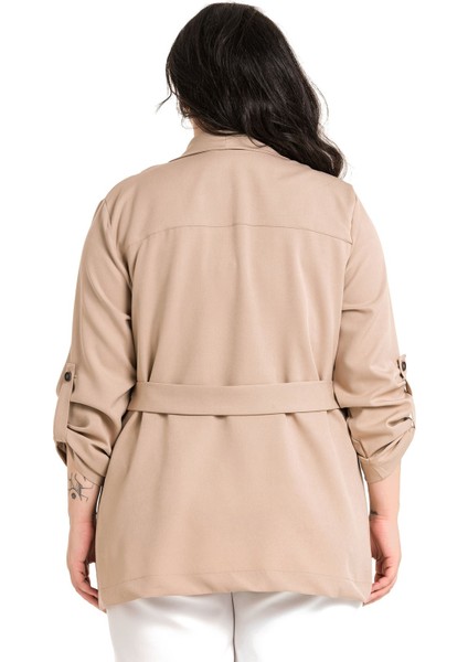 Büyük Beden Şal Yaka Kendinden Kuşaklı Katlamalı Kollu Vizon Ceket modelleri