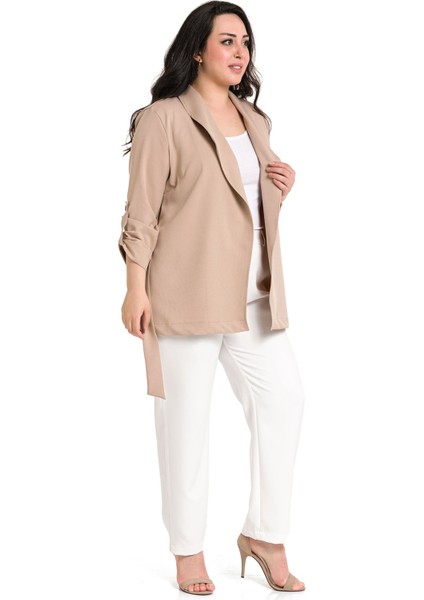 Büyük Beden Şal Yaka Kendinden Kuşaklı Katlamalı Kollu Vizon Ceket fırsatları