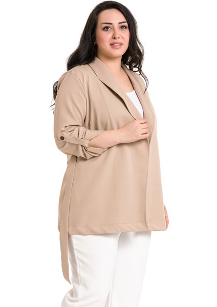 Büyük Beden Şal Yaka Kendinden Kuşaklı Katlamalı Kollu Vizon Ceket indirimleri