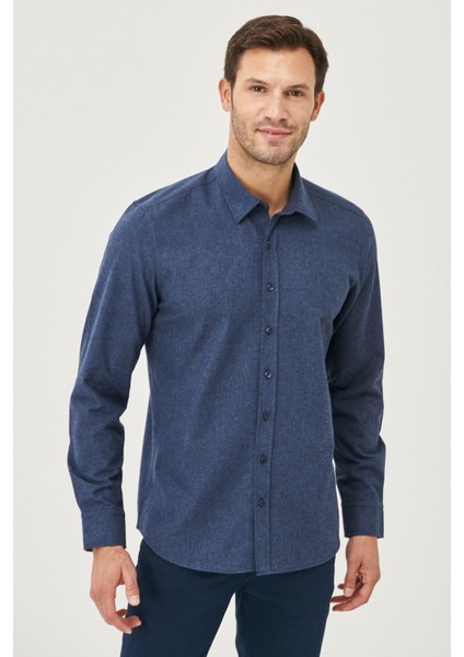 Erkek Lacivert Slim Fit Dar Kesim Düğmeli Yaka Flanel Oduncu Kışlık Gömlek
