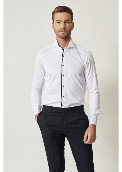 ALTINYILDIZ CLASSICS Erkek Beyaz-lacivert Damatlık Ata Yaka Tailored Slim Fit Dar Kesim Gömlek
