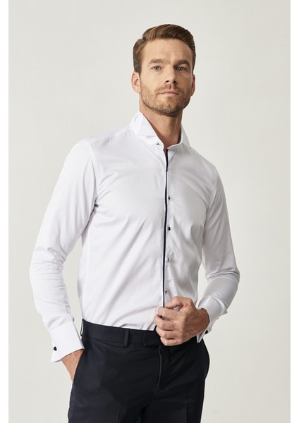 ALTINYILDIZ CLASSICS Erkek Beyaz-lacivert Damatlık Ata Yaka Tailored Slim Fit Dar Kesim Gömlek fiyatları