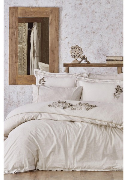 Masal Çift Kişilik Nevresim Takımı %100 Organik Pamuk Keten El Nakışlı Bej 200X220 cm