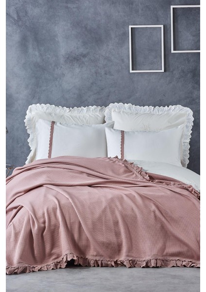 Alessa Çift Kişilik Pike Takımı %100 Organik Pamuk Jakarlı Pudra 220X240 cm