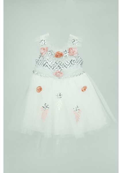 Kız Çocuk Butik Elbise Kostüm 1-2-3-4 Yaş Simli Zeytindallı ve Rengarenk Güllü Kuyruklu Elbise