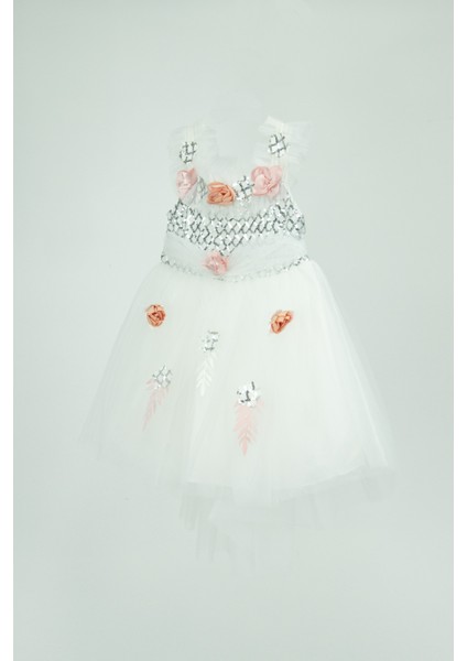 Kız Çocuk Butik Elbise Kostüm 1-2-3-4 Yaş Simli Zeytindallı ve Rengarenk Güllü Kuyruklu Elbise fiyatları