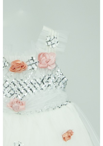 Kız Çocuk Butik Elbise Kostüm 1-2-3-4 Yaş Simli Zeytindallı ve Rengarenk Güllü Kuyruklu Elbise modelleri