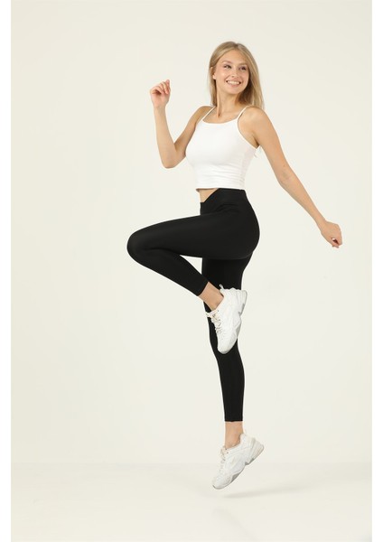 Missmaral Kadın Yüksek Bel Siyah Bilek Boy Tayt Özel Üretim Çapraz Kemer Detaylı 1011