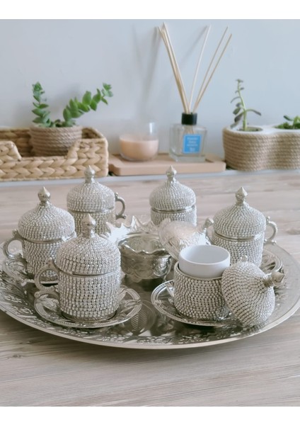 Osmanlı Motifli 6 Kişilik Türk Kahve Seti - Beyaz Taşlı modelleri