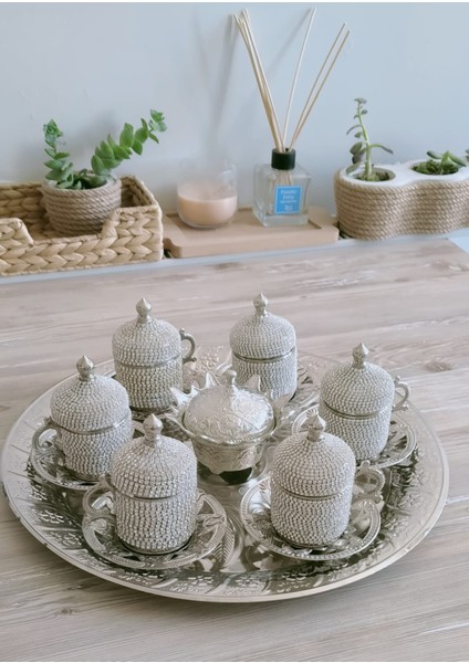 Osmanlı Motifli 6 Kişilik Türk Kahve Seti - Beyaz Taşlı indirimleri