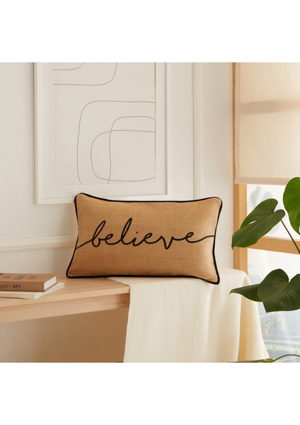 Believe Baskılı Fermuarlı Dekoratif Natural Jüt Yastık Kırlent Kılıfı 50x50 cm