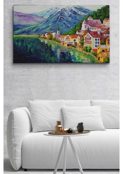 Avusturya Hallstatt Yağlıboya Görünüm Dekoratif Kanvas Duvar Tablosu