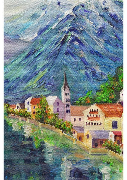 Avusturya Hallstatt Yağlıboya Görünüm Dekoratif Kanvas Duvar Tablosu