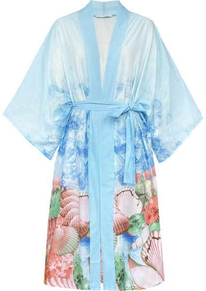 MAREVER FASHION Deniz Kabuğu Desenli Vual Kimono&kaftan Mavi