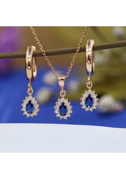 Lacivert Beyaz Taşlı Minimal Anturaj Damla Gümüş Kolye Küpe Takım