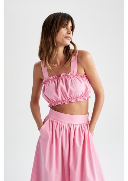 Crop Kare Yaka Kolsuz Askılı Poplin %100 Pamuk Bluz X6728AZ22SM