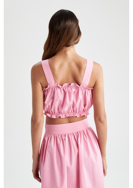 Crop Kare Yaka Kolsuz Askılı Poplin %100 Pamuk Bluz X6728AZ22SM