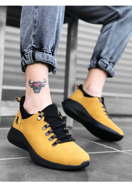 XON1601 Bağcıklı Rahat Kalın Taban Camel Sarı Siyah Erkek Spor Ayakkabı