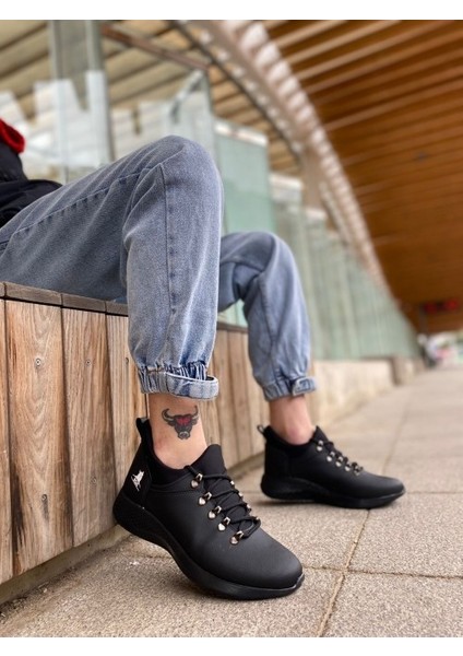 XON1601 Bağcıklı Rahat Yüksek Taban Siyah Casual Erkek Spor Ayakkabı
