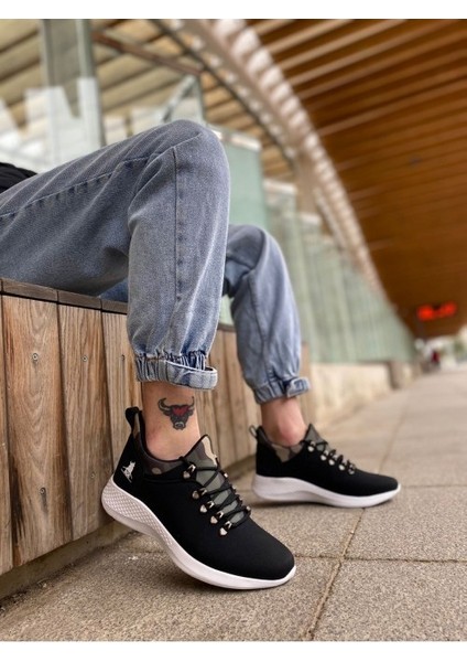 XON1601 Bağcıklı Rahat Yüksek Taban Siyah Kamuflaj Casual Erkek Spor Ayakkabı